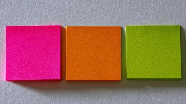 Bright neon pink, orange, and green sticky notes aligned horizontally on a plain light background with soft shadows adding depth and contrast to the composition photo