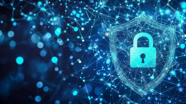 Digital security concept with lock icon on interconnected network background photo