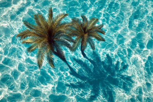 Aerial view of two palm tree shadows cast on sunlit shimmering turquoise ocean water creating a tropical summer vibe and natural abstract pattern photo
