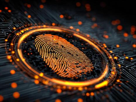 Digital fingerprint security icon with glowing effects on a high-tech circuit board photo