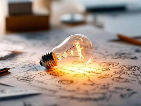 Creativity and innovation concept with illuminated light bulb on technical sketches and diagrams photo