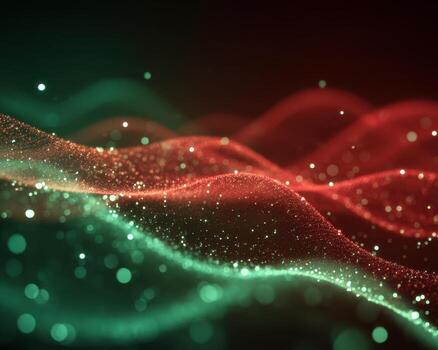 Abstract digital waveforms with glowing particles in green and red hues photo