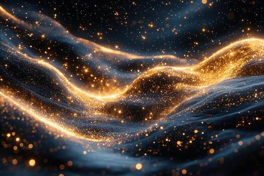 Abstract cosmic particles and light waves with glowing gold and blue hues photo