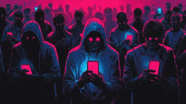 Ominous figures with glowing eyes using smartphones in a dark, neon-lit environment photo