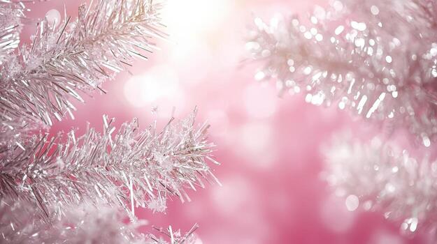 Pink festive tinsel decorations with bokeh effect background photo
