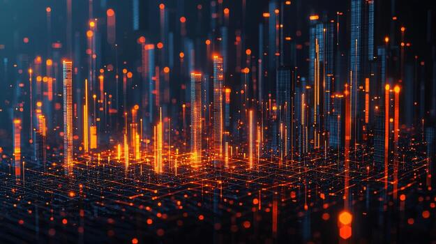 Abstract digital cityscape with glowing data streams and vibrant light trails photo