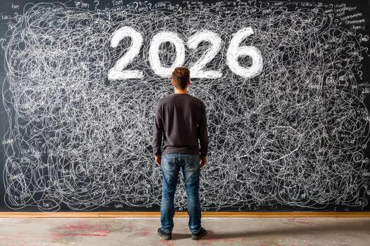 Man standing in front of a chalkboard with the year 2026 written amidst chaotic scribbles and notes photo