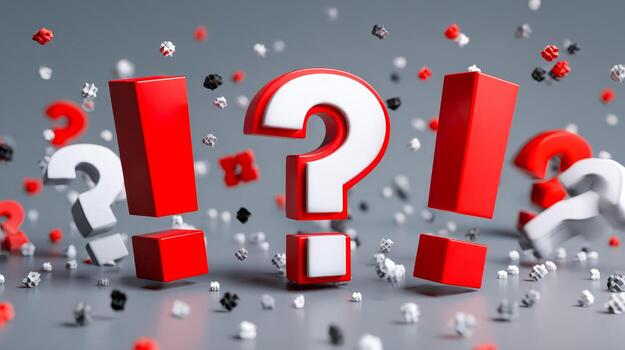 Colorful 3d question marks and exclamation points with confetti effect in the background photo