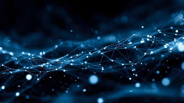 Abstract digital network with glowing connecting points and lines on dark background photo
