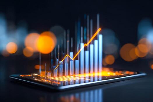 Digital tablet displaying a rising financial growth chart with glowing analytics and data visualization. photo