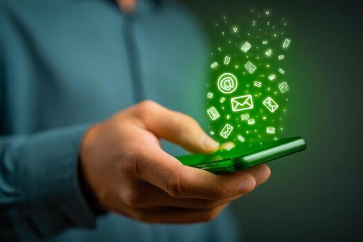 Person using a smartphone with glowing digital email and message icons floating above photo