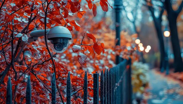 Security camera on autumn foliage along park fence with blurred pathway in background photo
