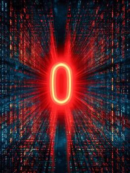 Glowing red digit zero illuminated in a futuristic digital tunnel of floating data streams and vibrant code representing technology and cyberspace concepts photo