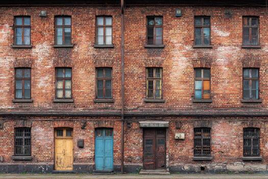 Weathered brick building with colorful old doors and aged windows photo