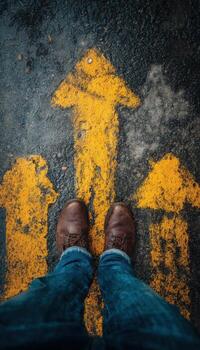 Person standing on ground with yellow arrow symbol painted on pavement, pointing upwards photo