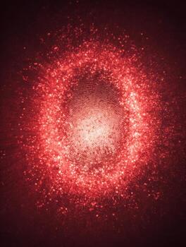 de cerca de un brillante rojo huella dactilar rodeado por espumoso partículas en un oscuro fondo, simbolizando digital identidad y seguridad tecnología conceptos foto