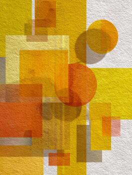 Vibrant geometric abstract art featuring overlapping yellow and orange translucent squares and circles on a textured white background creating a dynamic composition photo