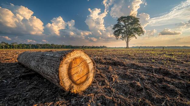 A fallen tree lying in a vast open field with a lone tree and dramatic sky in the background photo