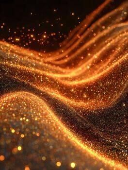 Shimmering golden particles flow in dynamic waves creating an abstract glowing landscape of enchanting light and radiant energy against a dark background photo