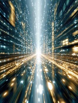 Dynamic futuristic digital tunnel with glowing blue and gold particles creating a sense of high-speed travel through a sparkling light corridor photo