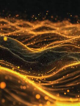 Golden glowing digital waves and particles creating a mesmerizing abstract landscape with a sense of depth and fluid motion on a dark background photo