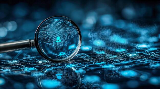 Digital data analysis with magnifying glass highlighting user information in cyberspace photo