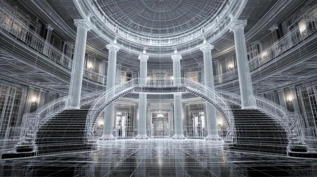 Digital wireframe rendering of an elegant grand staircase and opulent interior architecture photo