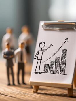 dibujado a mano negocio crecimiento gráfico en caballete con borroso grupo de profesionales en antecedentes simbolizando equipo éxito y estratégico Progreso en lugar de trabajo ambiente foto