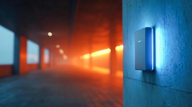 Modern security access point mounted on a textured wall in a dimly lit corridor with warm ambient lighting and large windows providing a view of the outside photo
