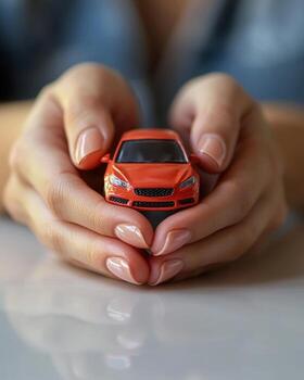 Person holding a small red toy car with both hands photo