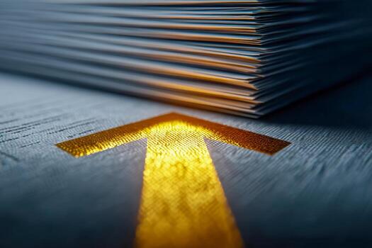 Close-up of a stack of folded newspapers placed on a surface with a bright, reflective yellow arrow pointing forward symbolizing direction and progress photo