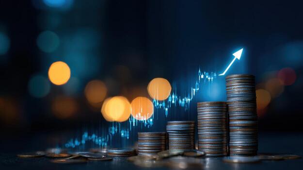 Increasing financial growth with stacked coins and rising arrow graphical overlay photo