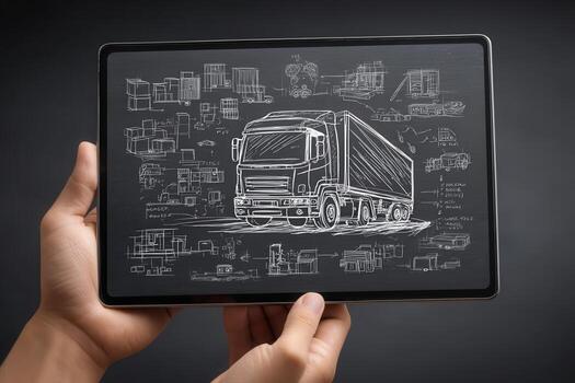 Person holding a tablet with a digital blueprint of a truck and schematic sketches photo