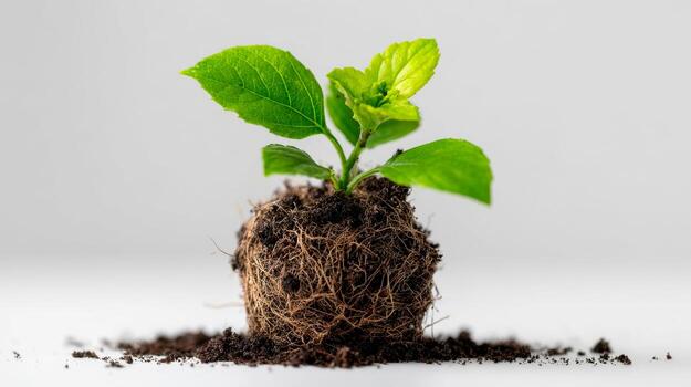 Close-up of healthy plant seedling with richly textured root ball and fresh green leaves ready for planting in nutrient-rich soil environment photo