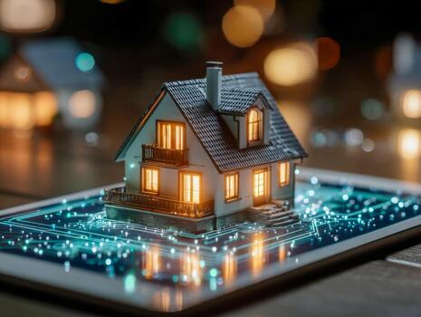 Scalable smart home model displayed on digital tablet with glowing circuit lines at night photo