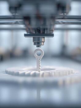 Emerging metallic key being precisely produced by an advanced automated 3d printer against a futuristic blurred industrial background with soft lighting effects photo