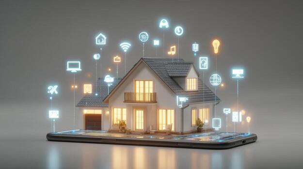 Smart home technology with digital icons displayed over a house on a smartphone screen photo