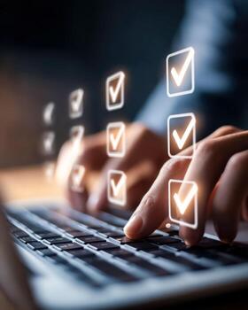 Businesswoman checking off multiple tasks on a digital checklist with a keyboard, representing productivity and task management photo