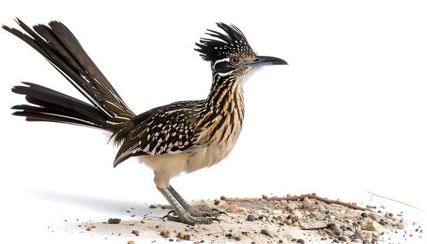 Striking Greater Roadrunner bird with distinctive crest and patterned plumage stands alert on sandy terrain. photo