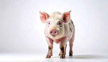 curioso joven cerdito con moteado marcas soportes frente y centro, Listo para tu proyecto. foto