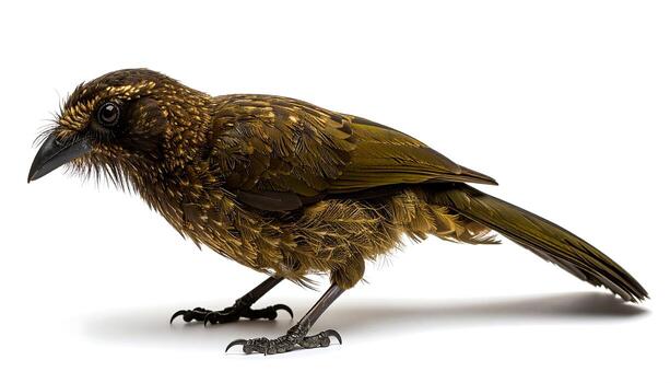 Detailed close-up of a curious brown bird with intricate feather patterns and sharp claws poised for action. photo