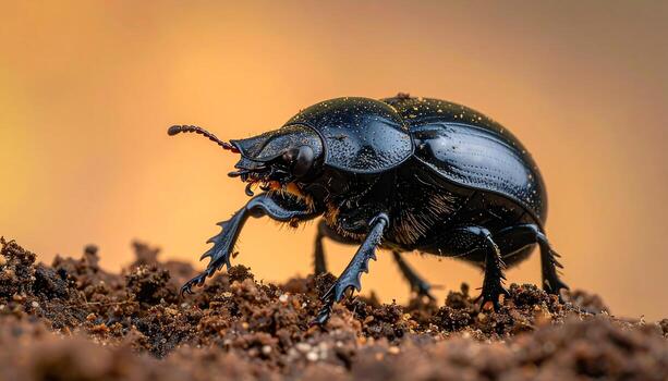 Macro detail of a glossy black beetle crawling on soil with a warm, soft bokeh background photo