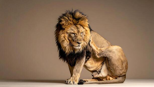 Majestic male lion with full mane scratching its ear in a studio setting photo