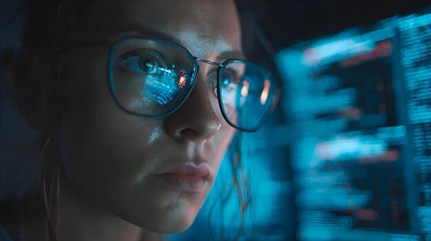 Software developer working on computer code late at night in office photo