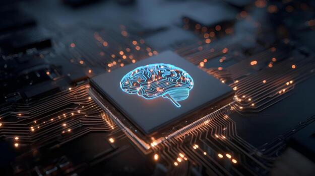 Artificial intelligence cpu processing data with brain shape showing machine learning photo