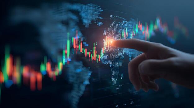 Trader analyzing global stock market data on interactive screen photo