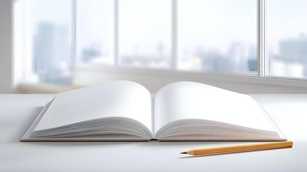 Open notebook with blank pages and pencil on table by window photo