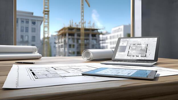 Architect designing using laptop, tablet and blueprint with construction site in background photo