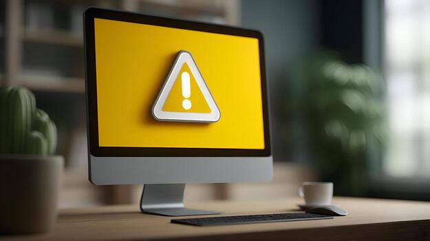 Warning alert sign showing on a computer screen in an office setting photo