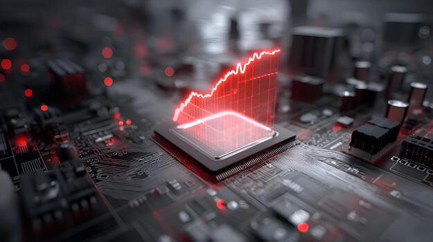 Red stock market graph increasing over computer processor chip photo